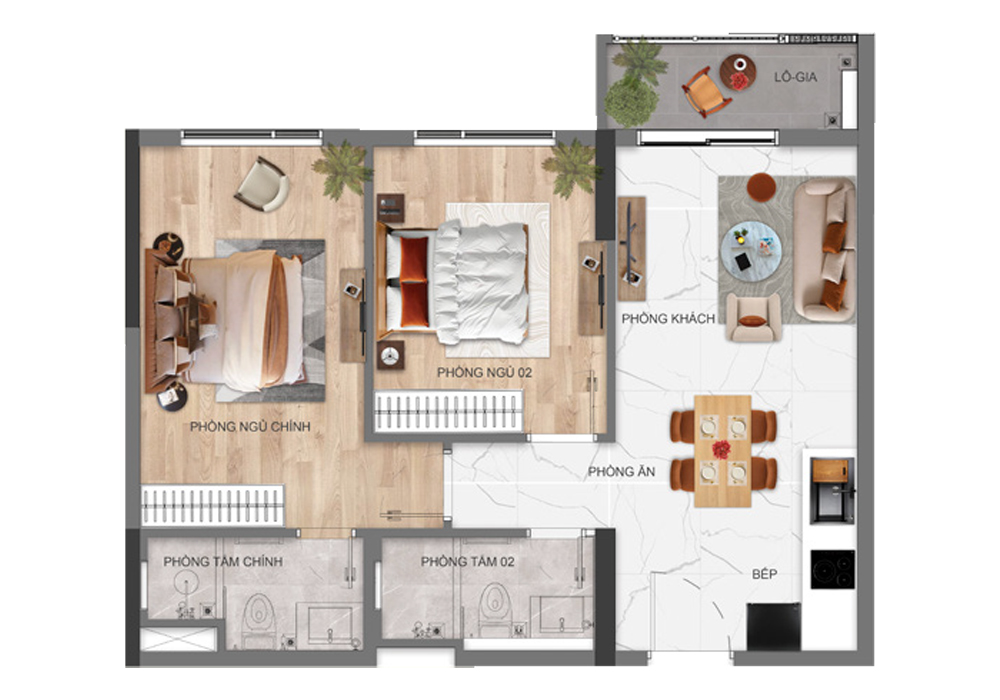 Thiết kế 2 phòng ngủ căn hộ persa place gamuda land