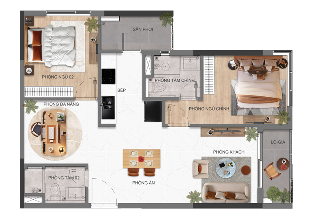 Thiết kế 2 phòng ngủ căn hộ persa place gamuda land