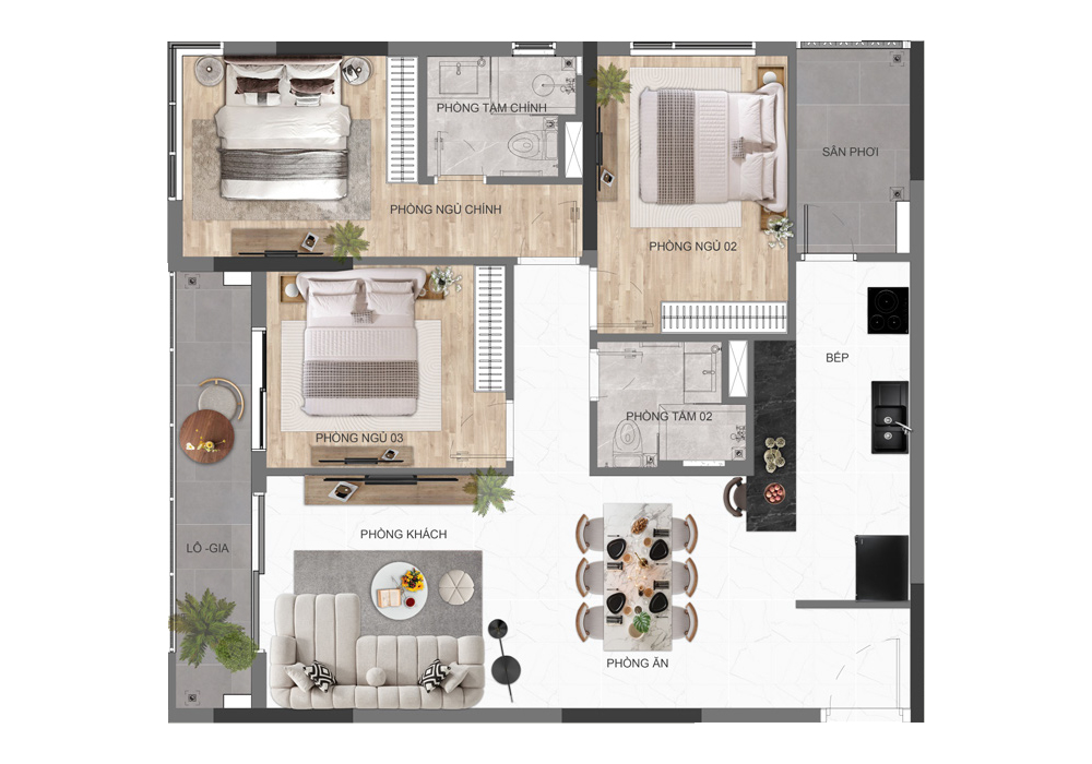 Thiết kế 3 phòng ngủ căn hộ persa place gamuda land